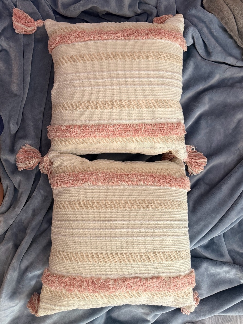 Textured Cream Throw Pillow Pair with Blush Pink Tassels